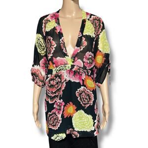 CAbi Womens Kimono Blouse Shirt Top Floral Pullover Black Green Pink Medium